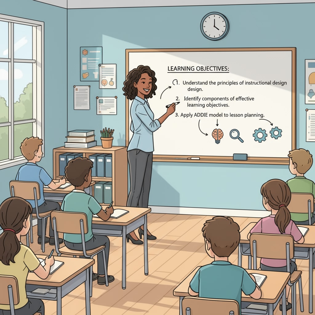 Teacher writing clear learning objectives in a professional school classroom as part of good pedagogical practice