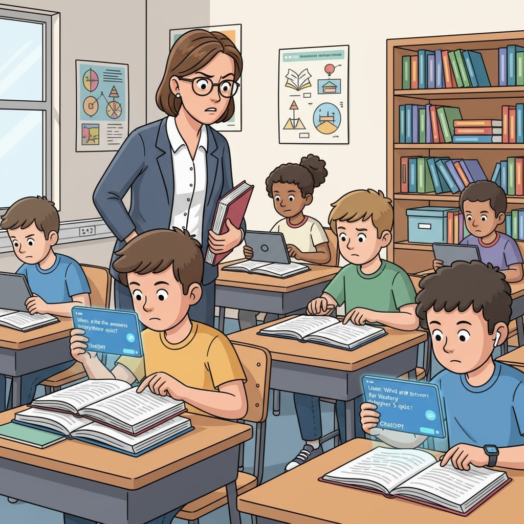 A teacher suspecting students of cheating with ChatGPT in a classroom