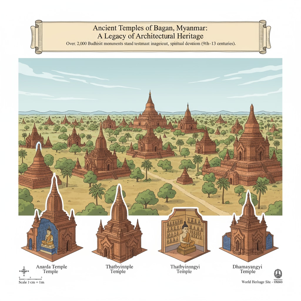 Ancient temples in Bagan, Myanmar, representing the country's cultural heritage and lack of international attention.