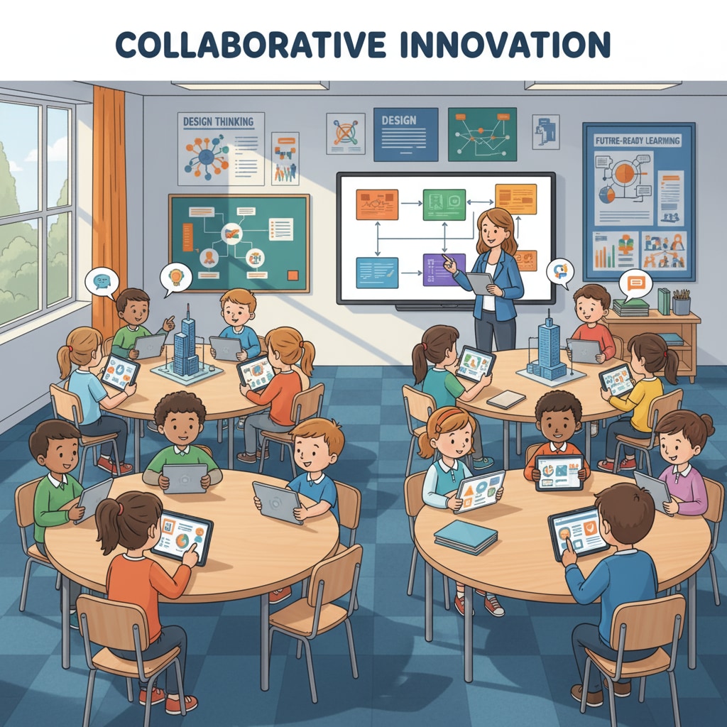 Modern primary education classroom with innovative teaching related to educational innovation, teaching methods, and curriculum design
