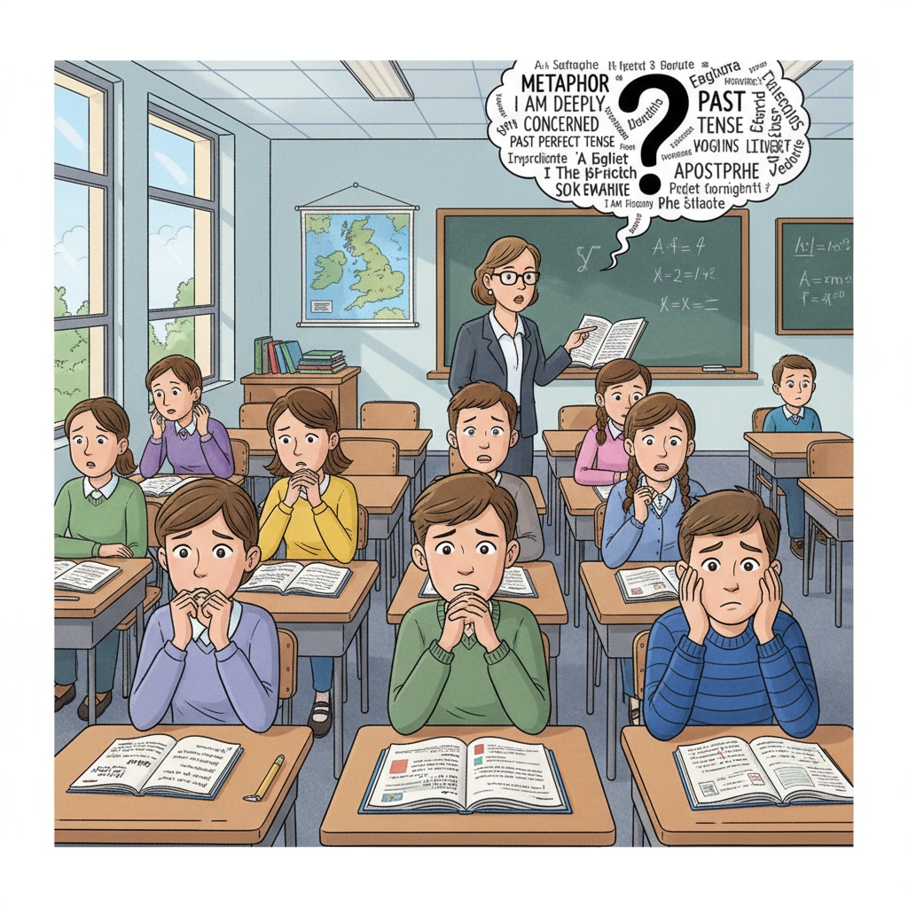 9th-grade students showing disappointment and concern in an English classroom due to strict teachers and changing learning content