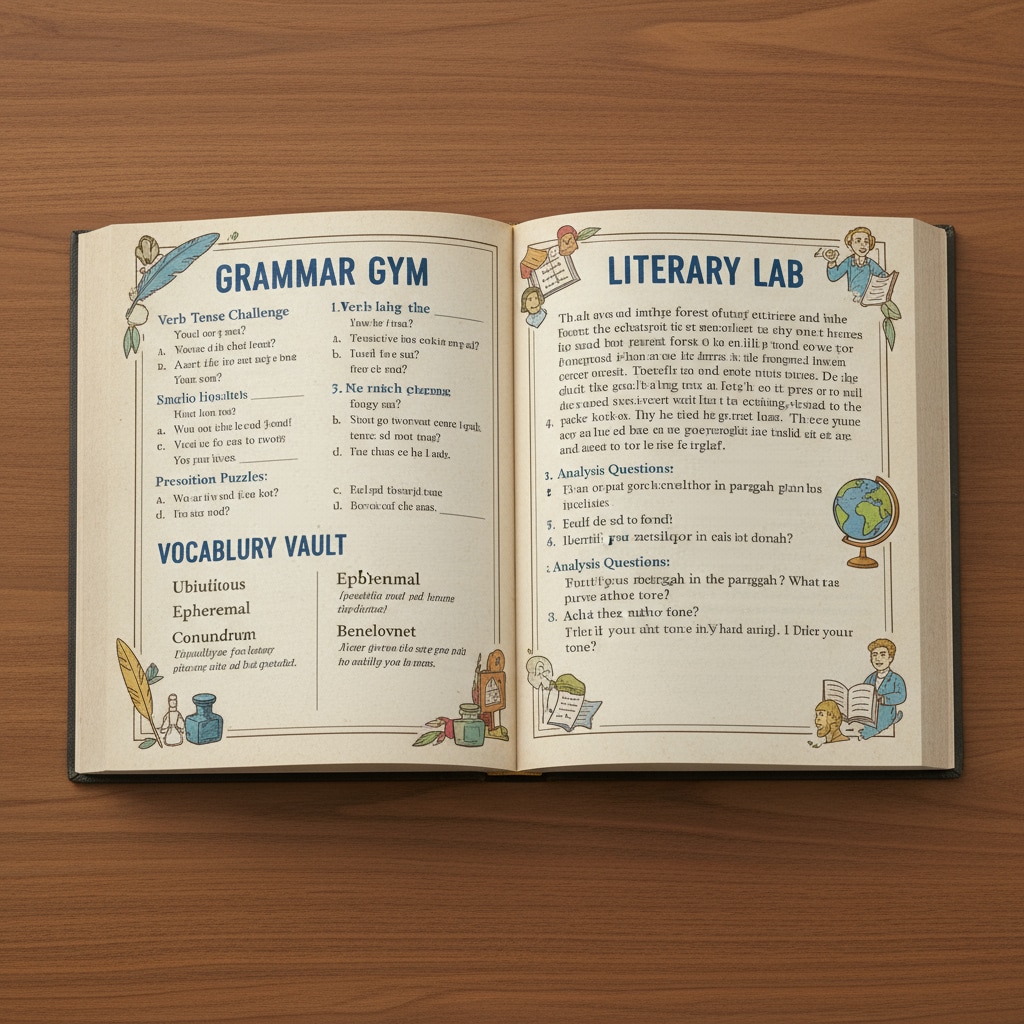 An open English textbook with complex learning content typical of 9th grade, related to strict teaching requirements