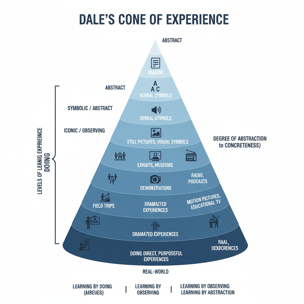 Visual representation of the Cone of Experience theory related to learning theories, Xun Kuang, and practical learning