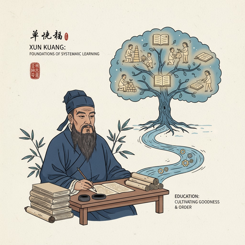 Portrait of Xun Kuang highlighting his role in learning theories, Cone of Experience, and practical learning