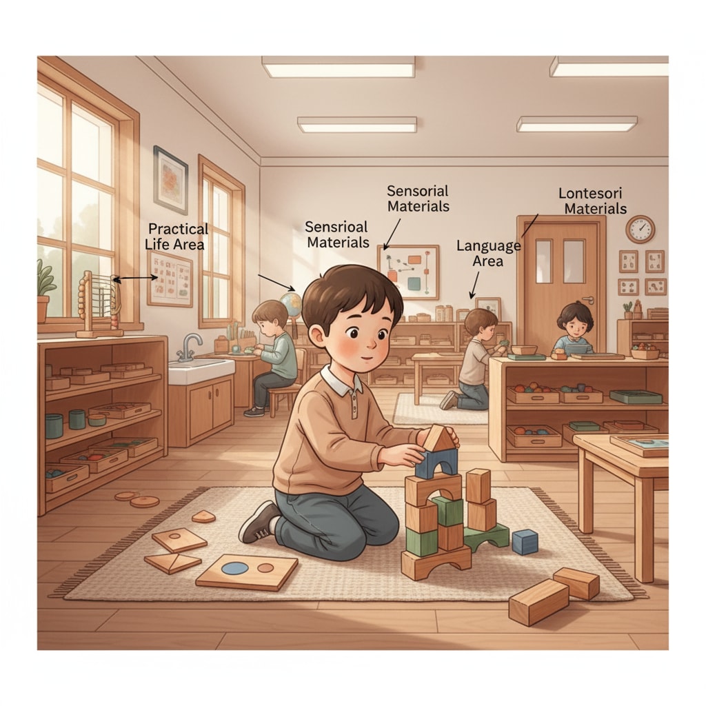 High-ability young child engaged in Montessori learning activities during school transition