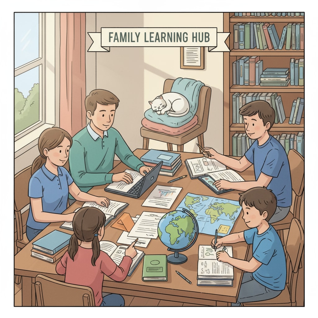 Students engaged in family education using academic resources at home.