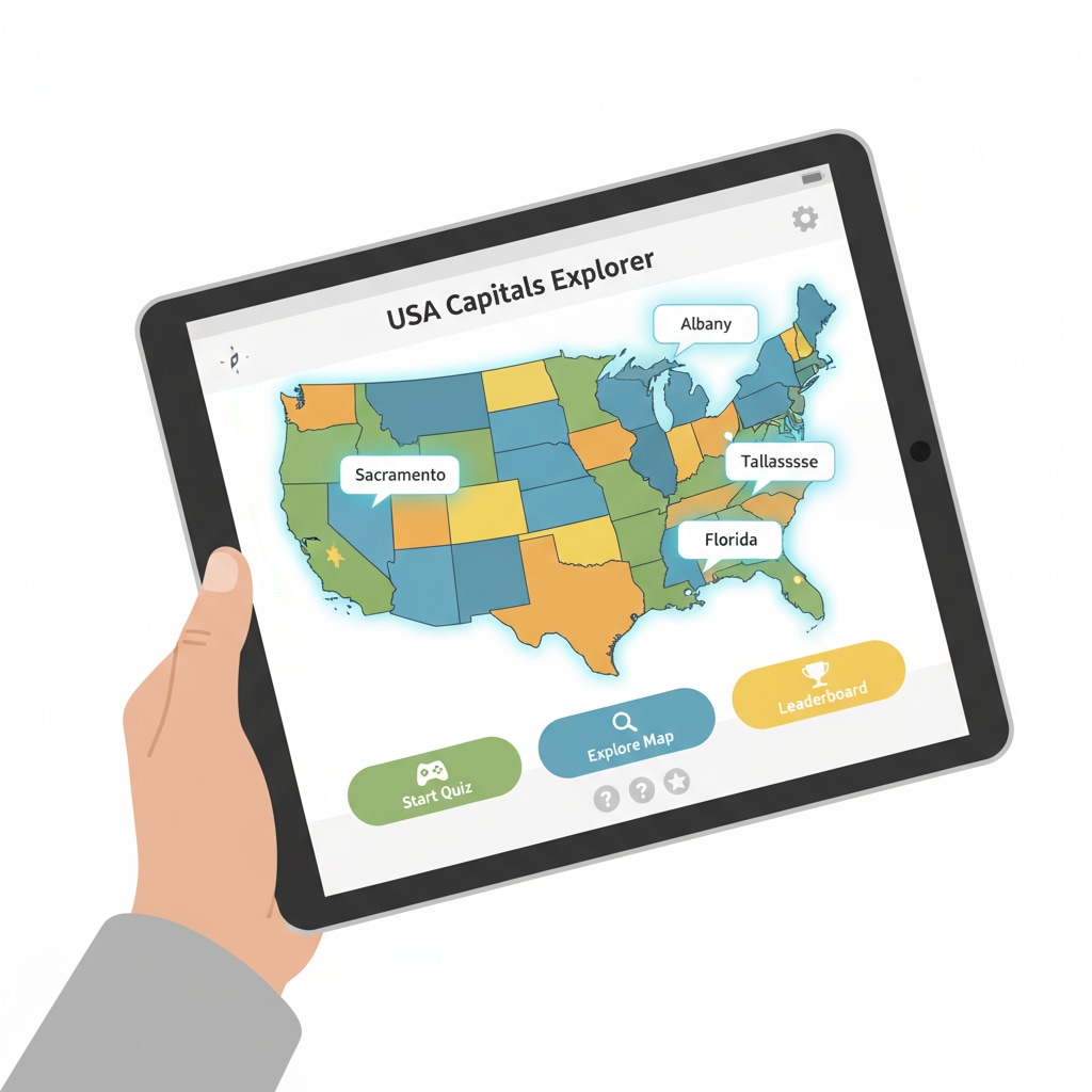 A screenshot of a state capital learning app related to US geography education and educational games