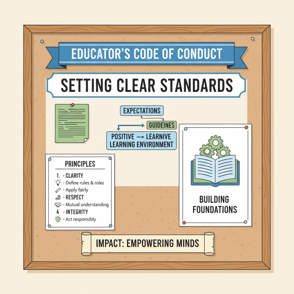 Bulletin board displaying a code of conduct for teachers to address hostile work environments