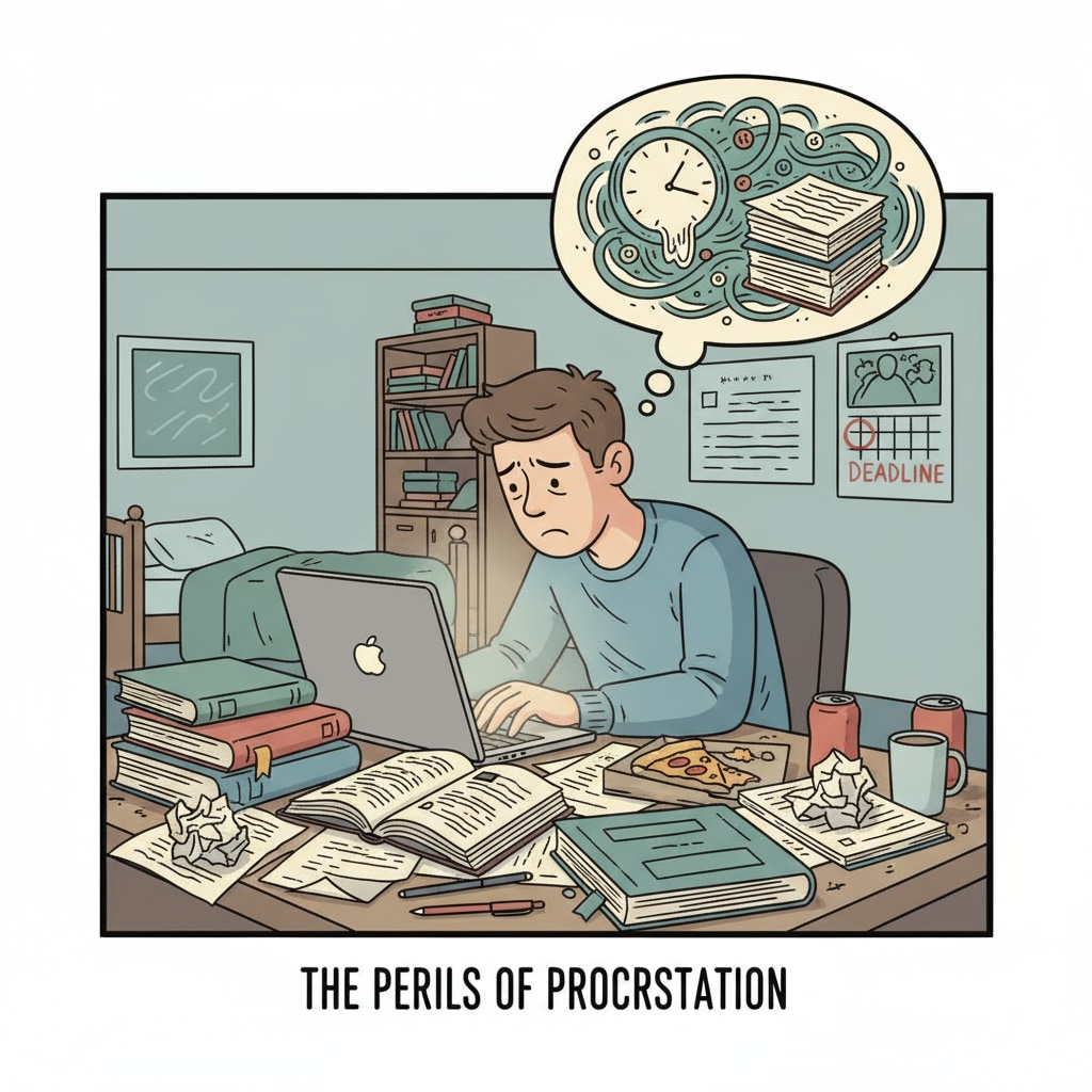 A stressed young person struggling with procrastination in an online school setting related to mental health