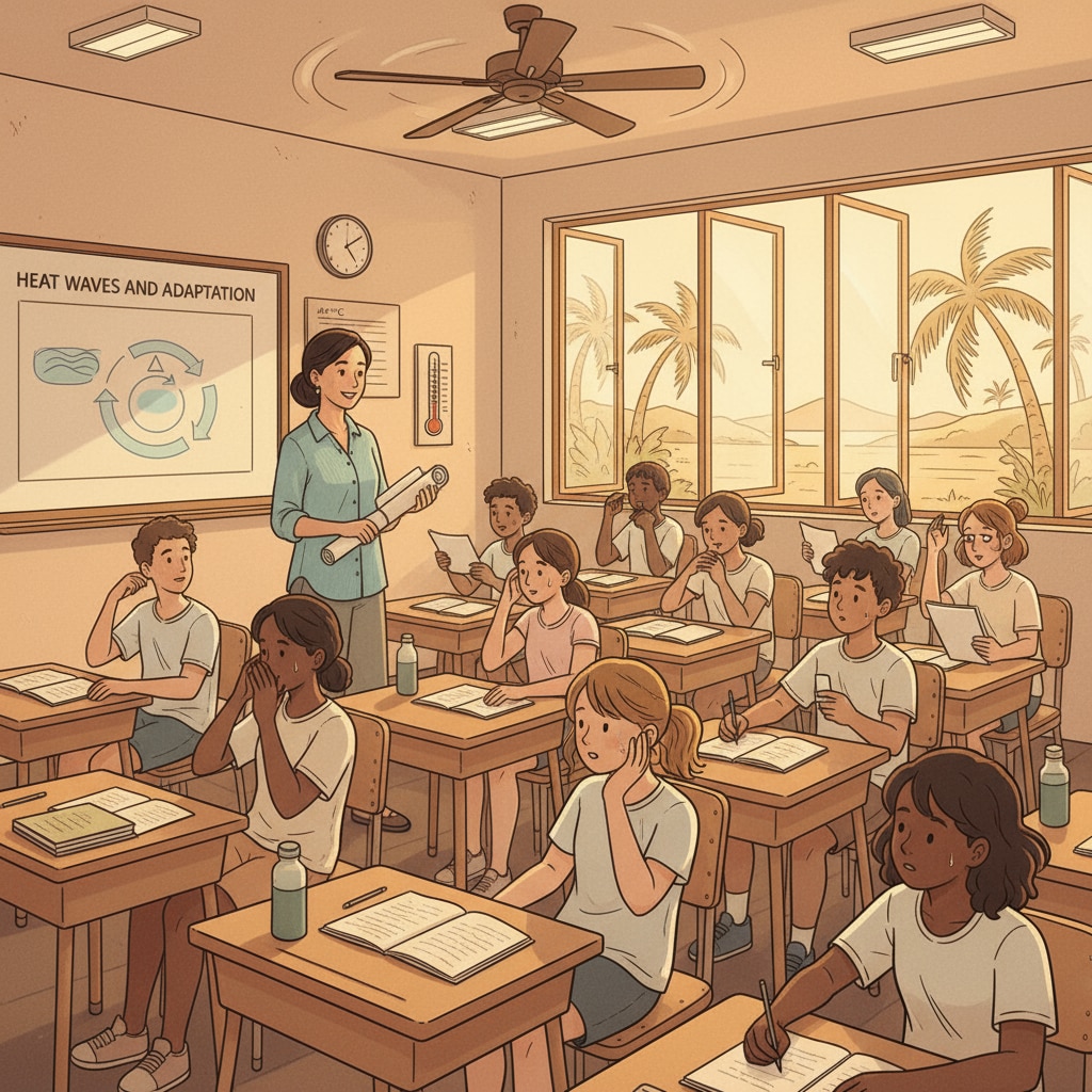 A teacher is standing in a hot classroom, with students sitting at their desks. The teacher has a pleasant expression while looking at the students. A teacher in a hot classroom with no air conditioning, showing a professional yet comfortable presence.