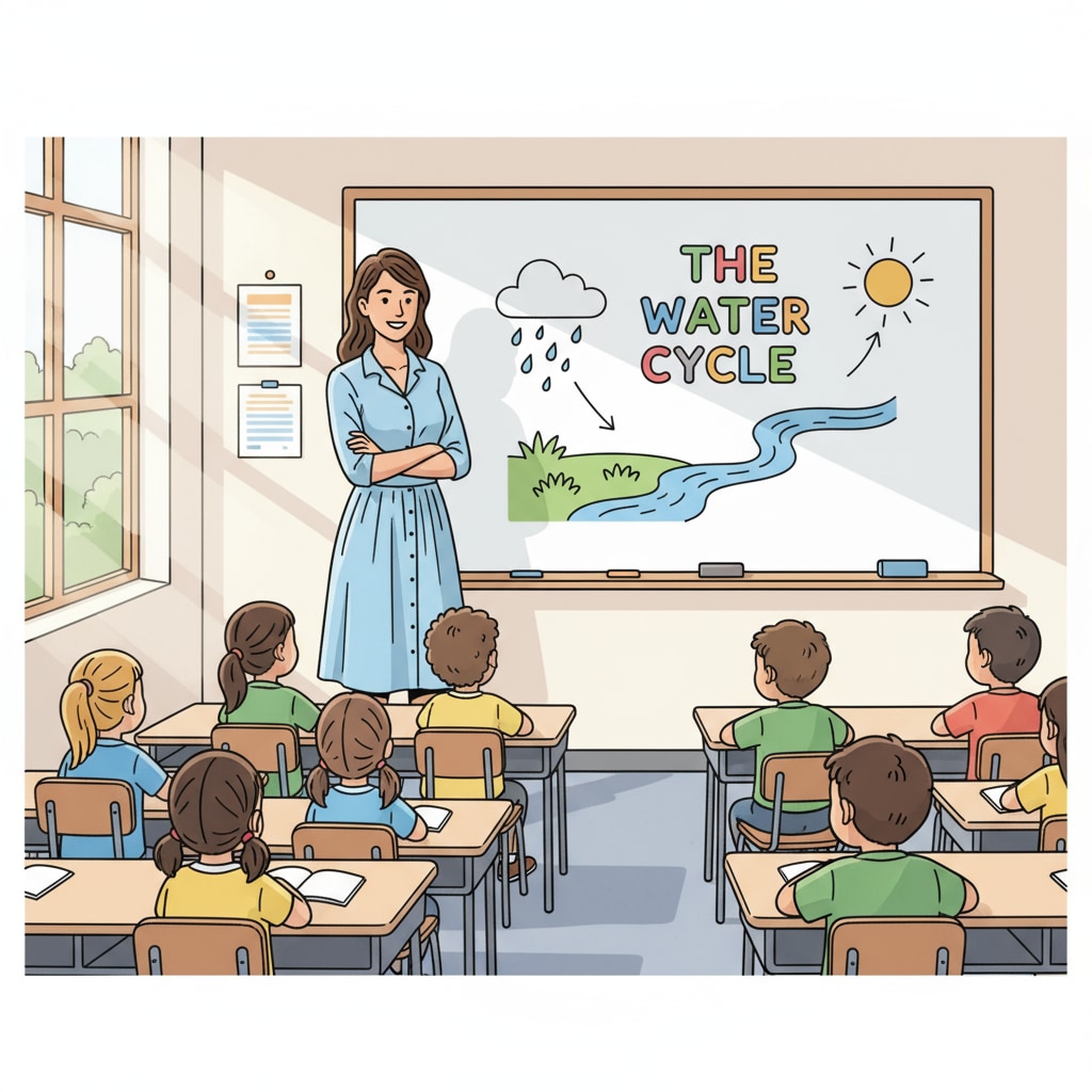 A female teacher is standing in front of a classroom whiteboard, wearing a light blue cotton dress. She looks confident and comfortable. A female teacher dressed in appropriate summer attire for a hot, air - conditioned - free classroom.