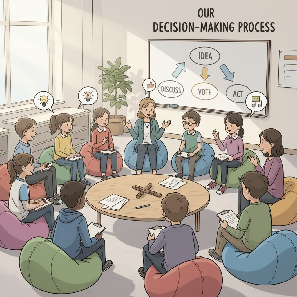 A group of students and teachers in a democratic school setting, discussing and making decisions together Students and teachers in a democratic school engaged in decision - making