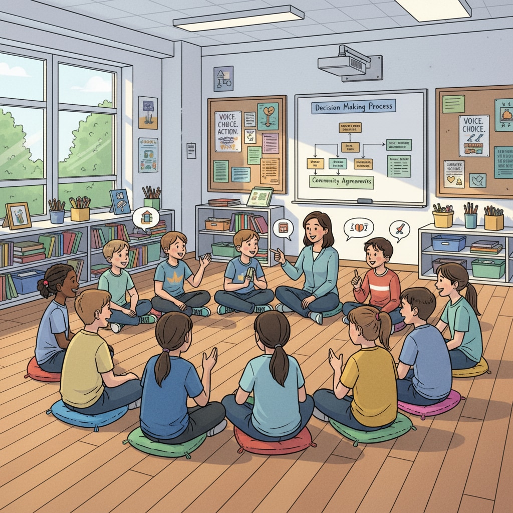 A classroom in a democratic school, with students sitting in a circle, engaged in a lively discussion Students in a democratic school classroom having a discussion