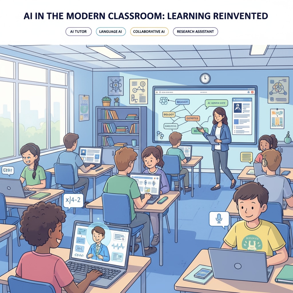 Students using AI learning tools for education applications and learning assistance in a classroom.