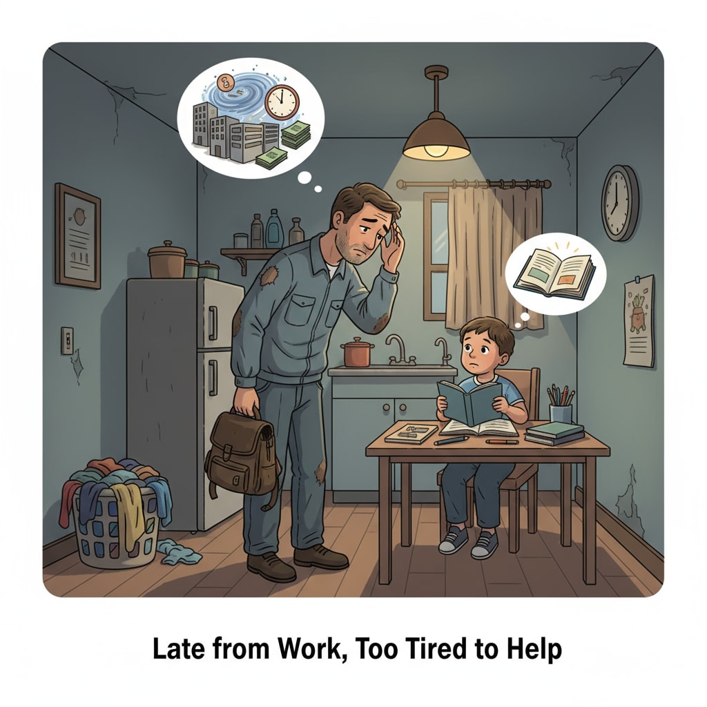 Low-income family parent facing time constraints in parental involvement for family education.