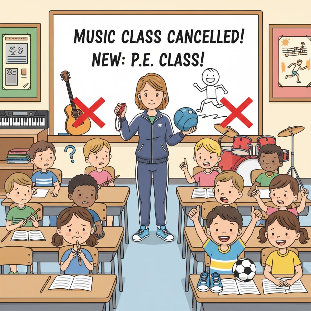 Students being informed that their music class is replaced by a PE class, highlighting special courses, teacher substitution, physical education courses, curriculum value
