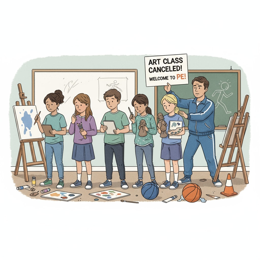 Disappointed students as their art class is substituted with a PE class, related to special courses, teacher substitution, physical education courses, curriculum value