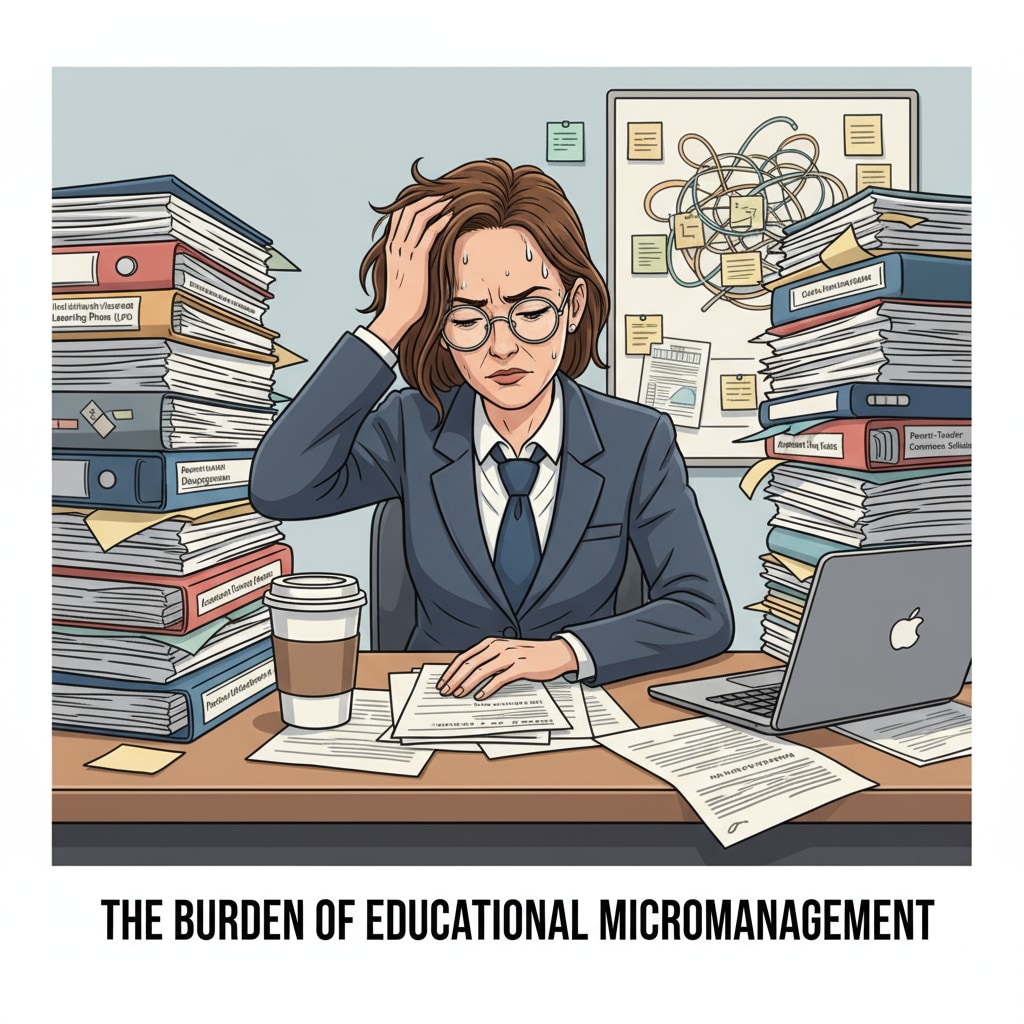 A stressed teacher dealing with micro - management paperwork in K12 education