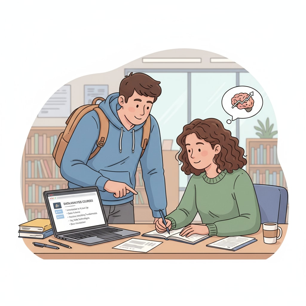 Two students discussing data analysis education options