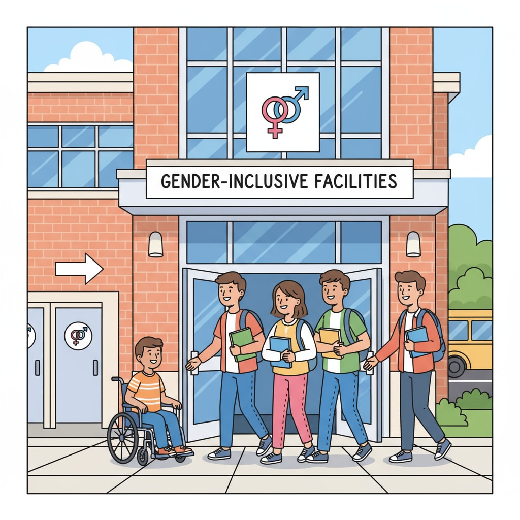 Students walking into a school with gender - inclusive facilities sign in Fairfax County