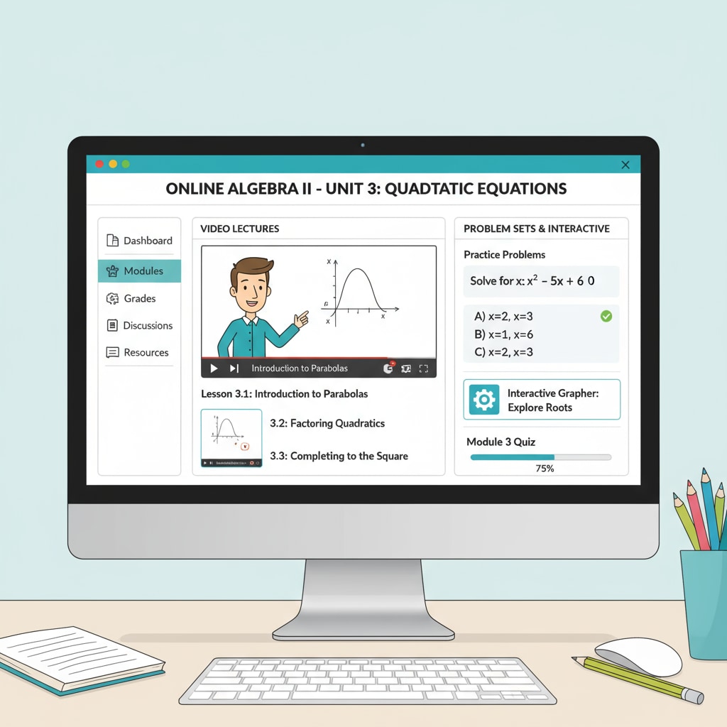 Computer screen showing an online platform for high schoolers to learn math for standardized tests and enhance mathematical skills