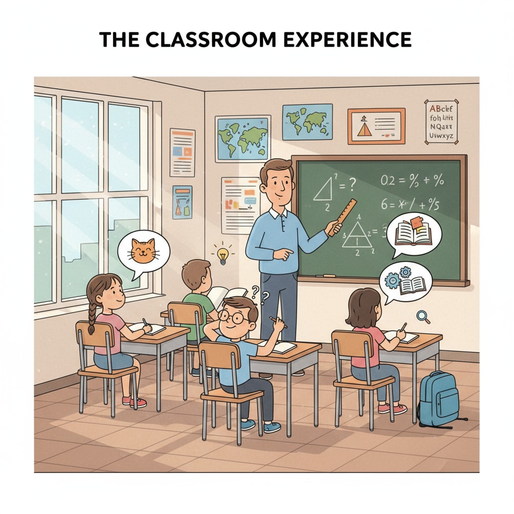 A group of K12 students sitting in a classroom, some looking distracted while others seem deep in thought K12 students showing different states of attention and deep thinking in a classroom