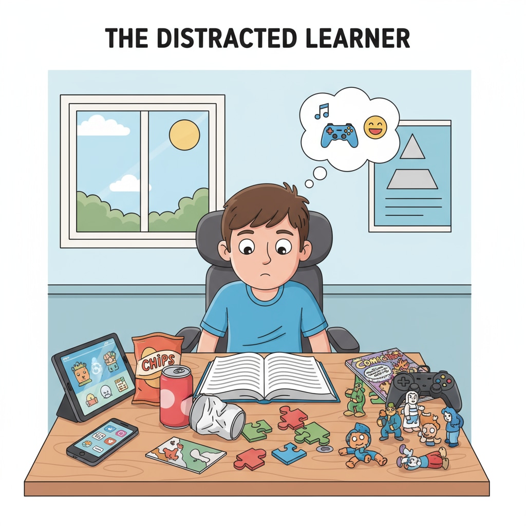 A student looking at a cluttered desk with a lot of distractions around A K12 student being distracted by a cluttered desk environment