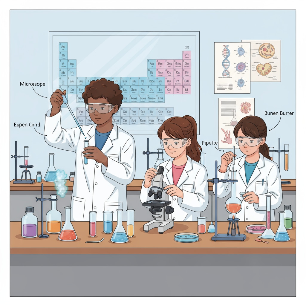 High school students doing a STEM-related science experiment in a lab as part of extracurricular activities