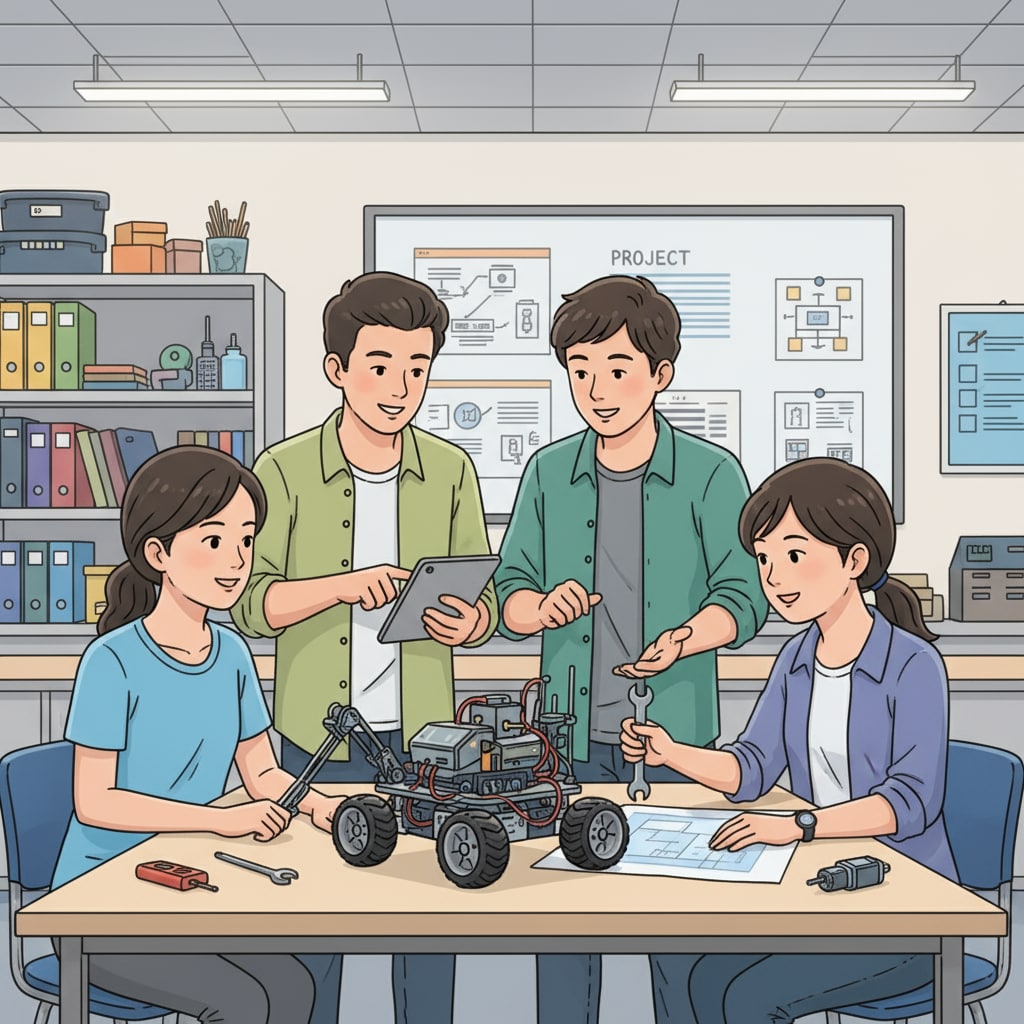 High school students engaged in a STEM extracurricular robotics project showing teamwork and problem-solving skills