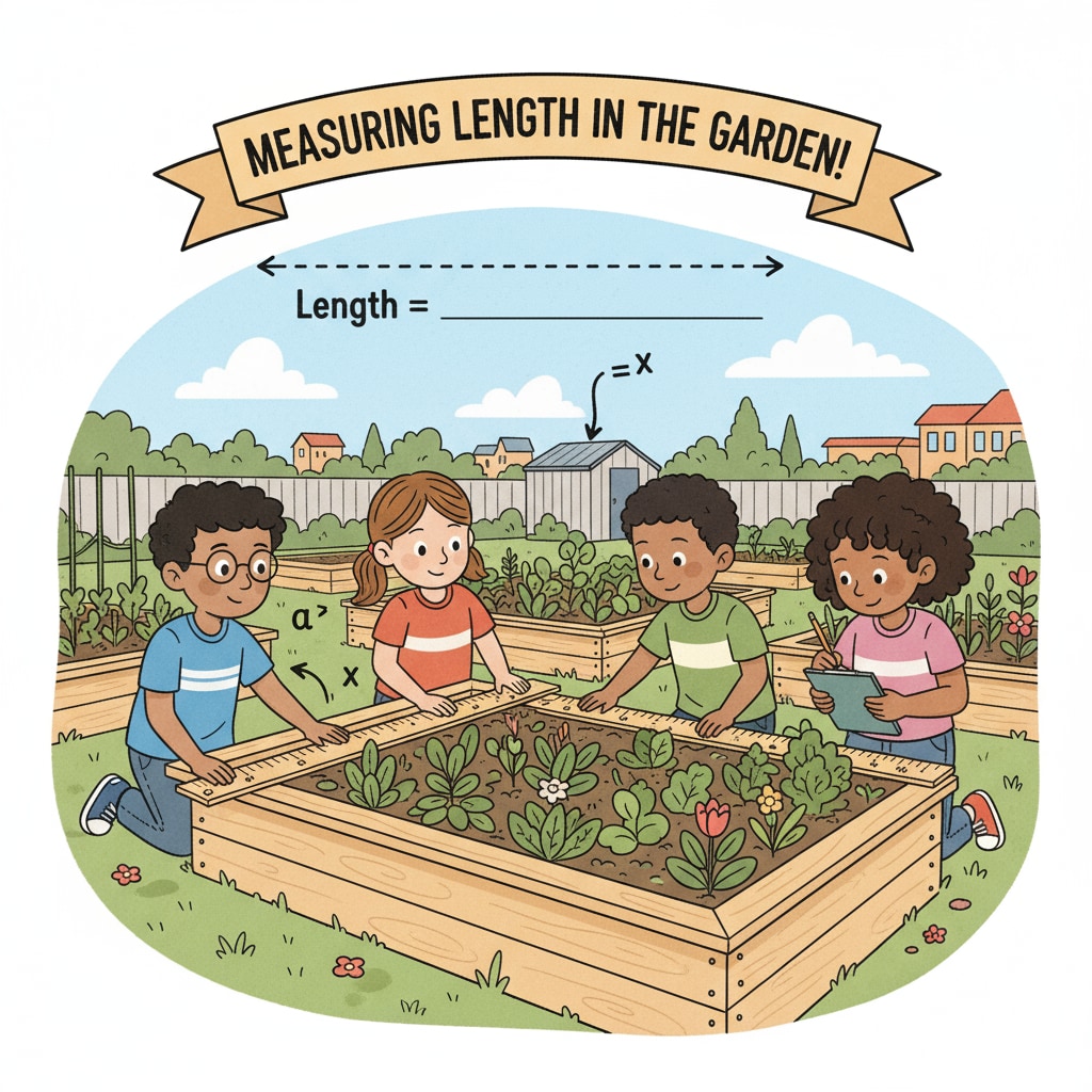 Students practicing math in a school garden for practical education and interdisciplinary learning.