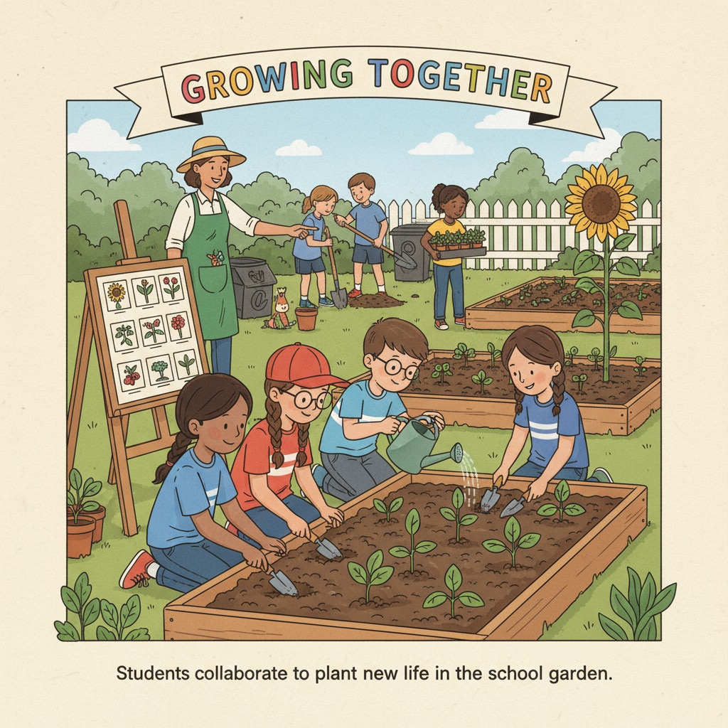 Students demonstrating teamwork in a school garden for practical education and interdisciplinary learning.