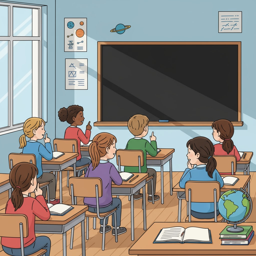 Students in a classroom with no sexual education content on the blackboard, related to sexual education, adolescent health, and school education