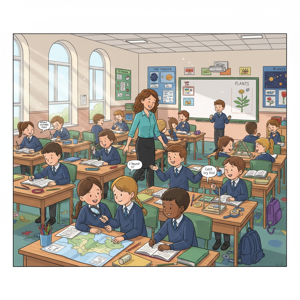 A UK K12 classroom scene related to education system, curriculum, AI, and assessment