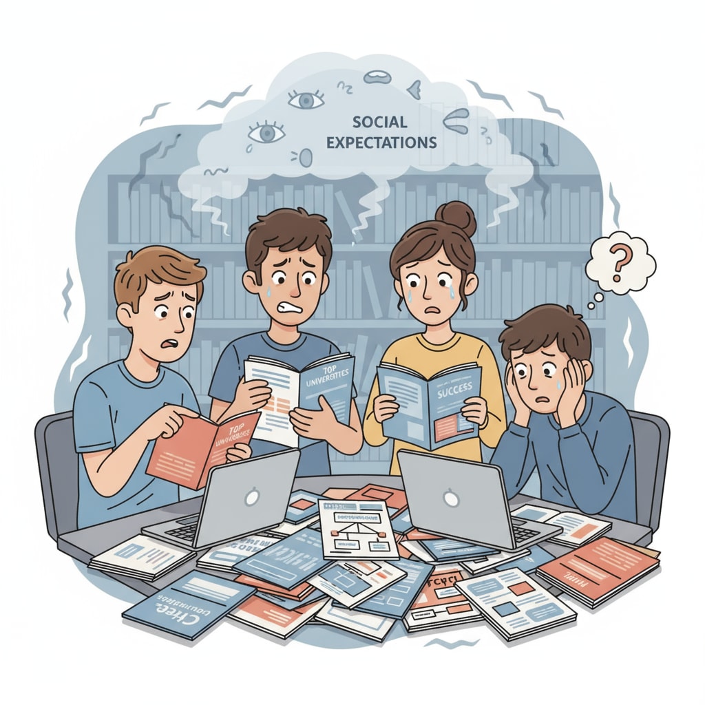 Students looking worried while considering college options under the influence of educational purposes, social pressures, and herd mentality
