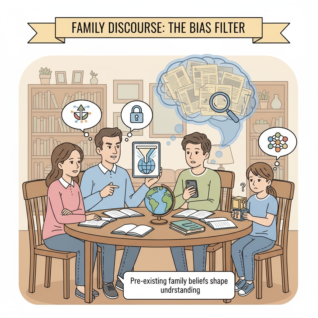 Family discussing topics with potential biases in family education