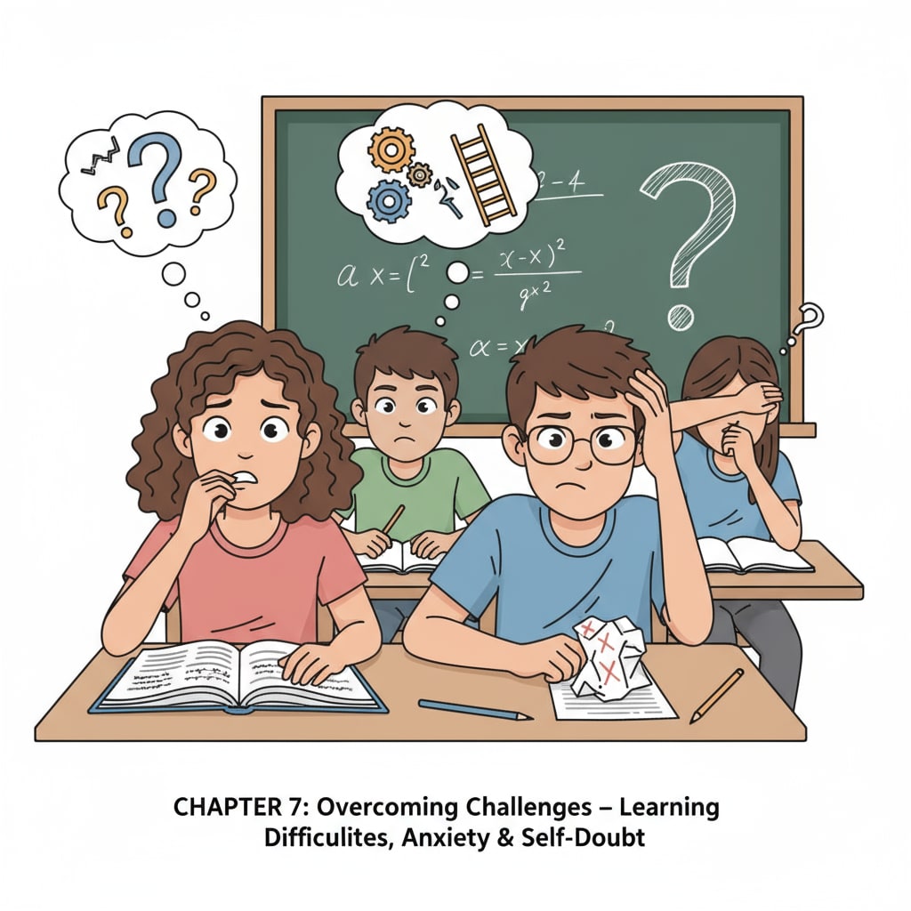 High school students showing signs of learning difficulties, anxiety, and self-doubt in the classroom