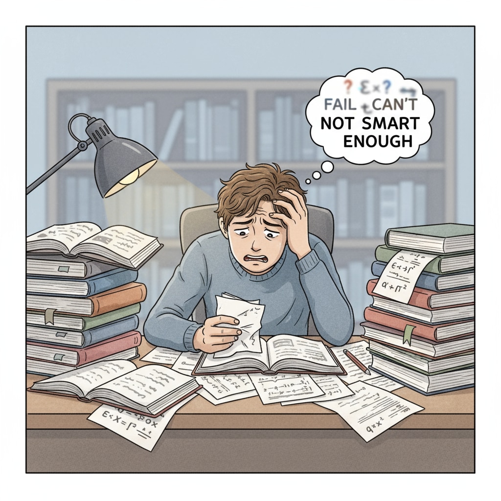 A student experiencing learning difficulties, anxiety, and self-doubt while sitting at a desk