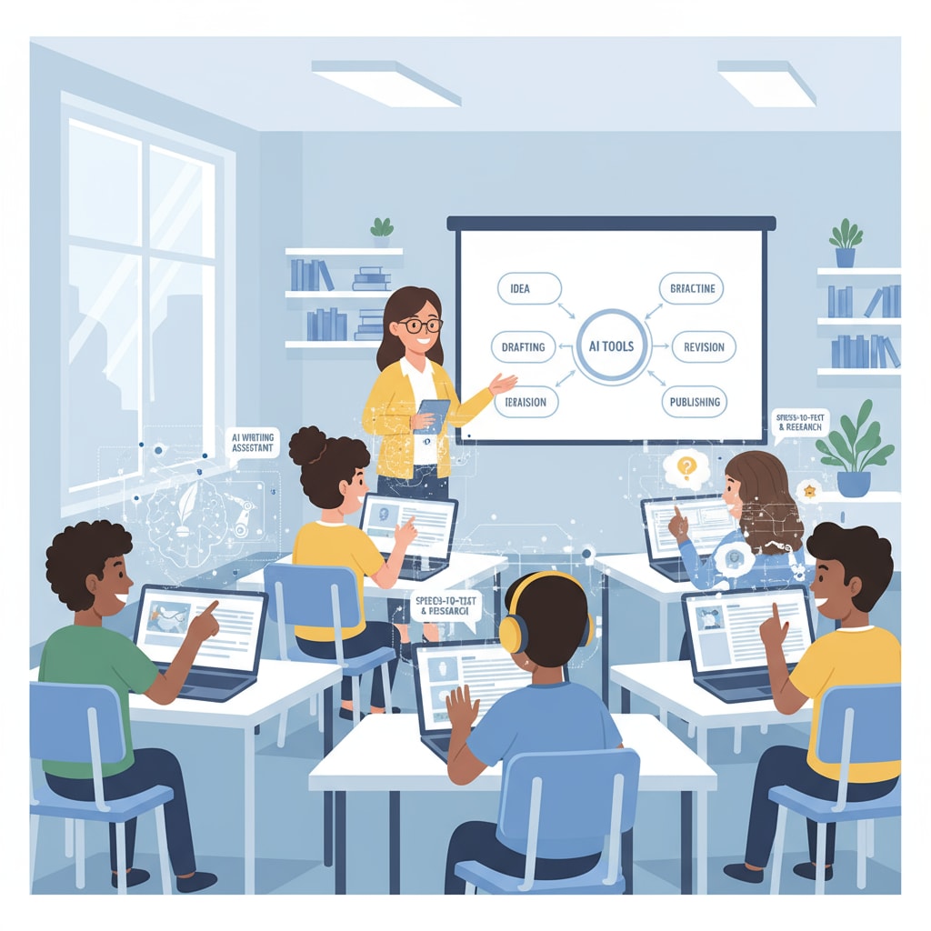 Students using AI for writing in a classroom related to AI writing, teaching transformation, and authorial voice