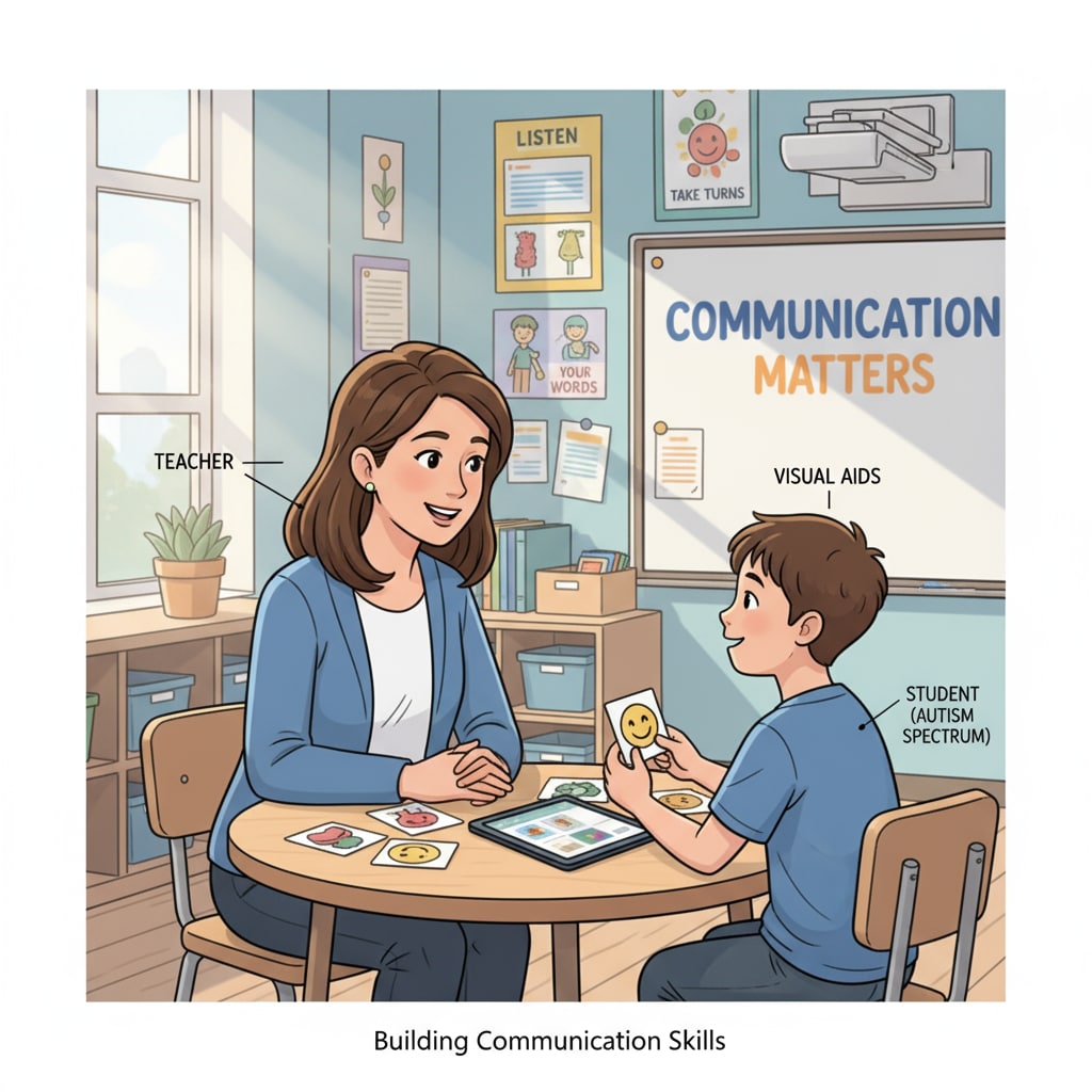 A special education teacher communicating with a student, relevant to career transition and MSEd degree