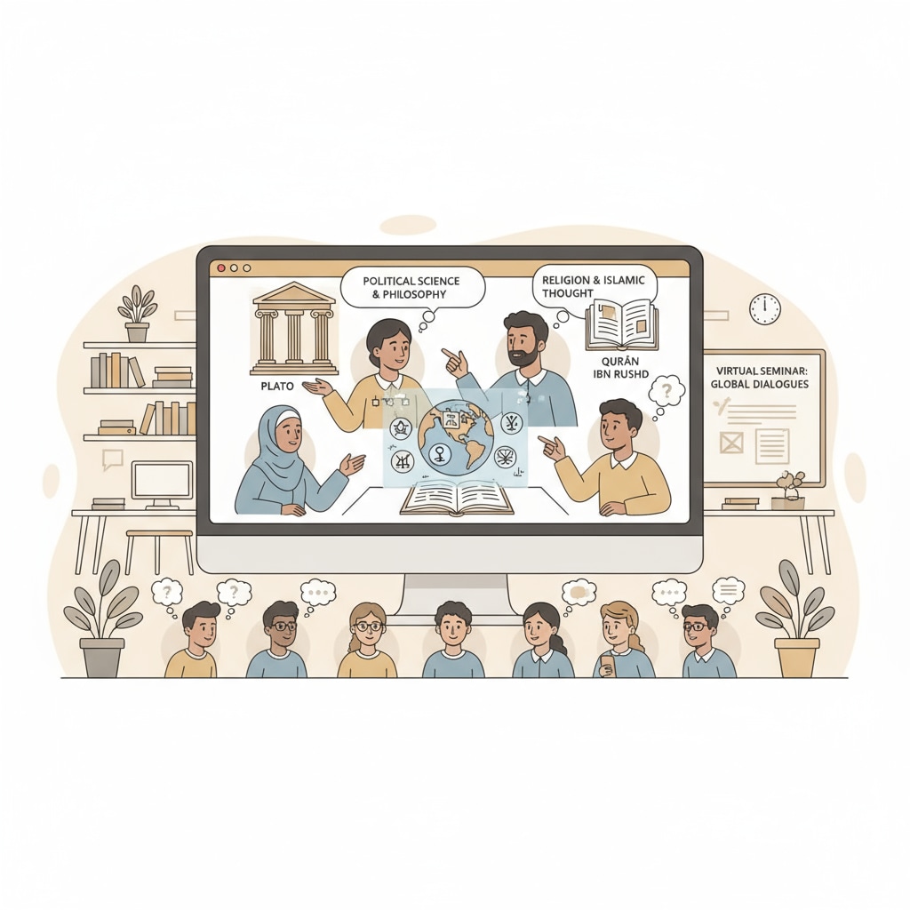Students discussing political science, philosophy, religion, and Islamic thought in an online course
