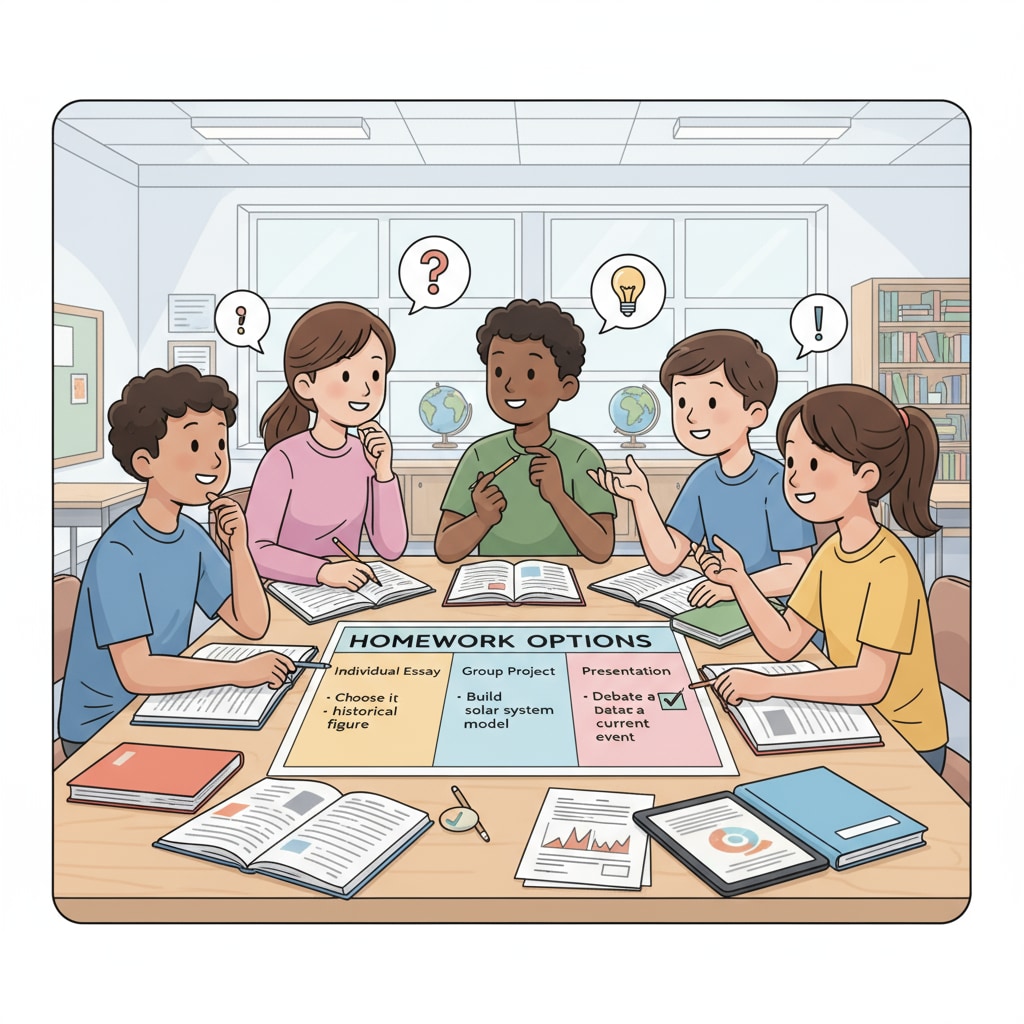 Students discussing and choosing their homework, highlighting the concepts of self-responsibility and learning motivation in the context of homework choice.