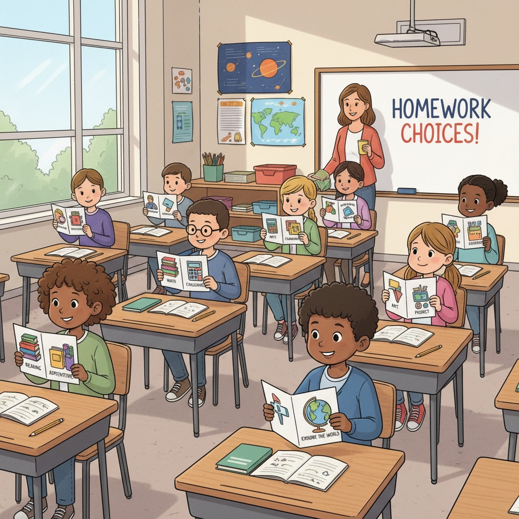 Students independently choosing their homework, emphasizing the role of autonomous choice in promoting self-responsibility and learning motivation.