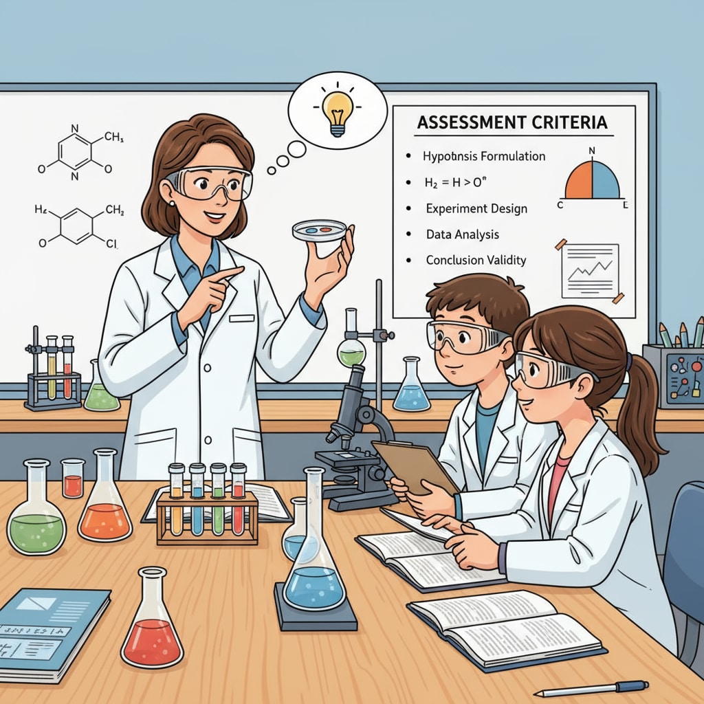Teacher evaluating students' work in a professional school laboratory for teaching assessment purposes
