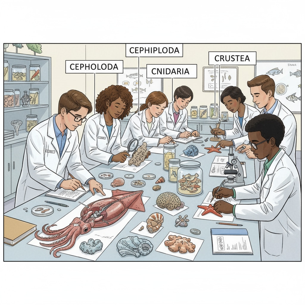 Students with no background knowledge exploring marine specimens in a laboratory for their science degrees in marine biology.
