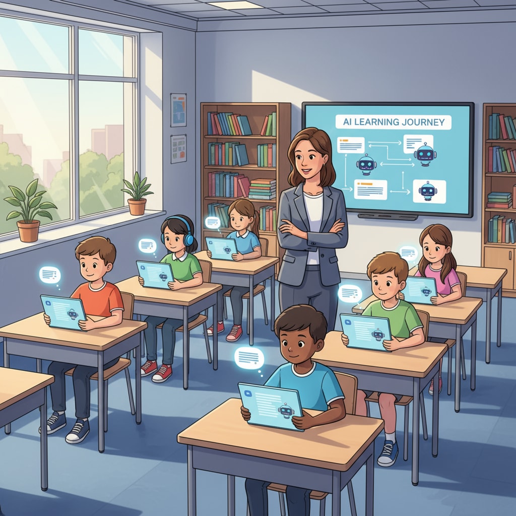 Students using AI reading assistants in a K12 classroom setting related to AI tools, decodable reading materials, and educational applications