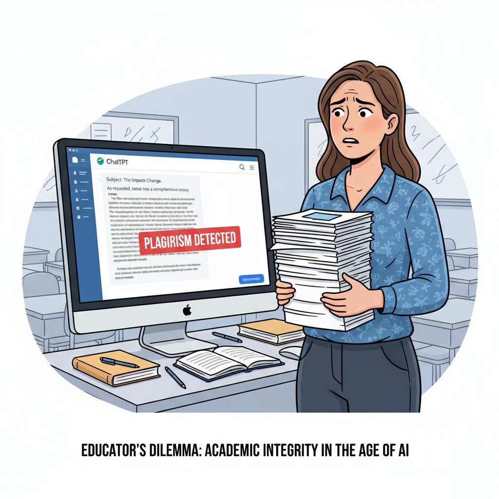 A teacher worried about ChatGPT - enabled cheating as seen by the on - screen results and stack of papers.