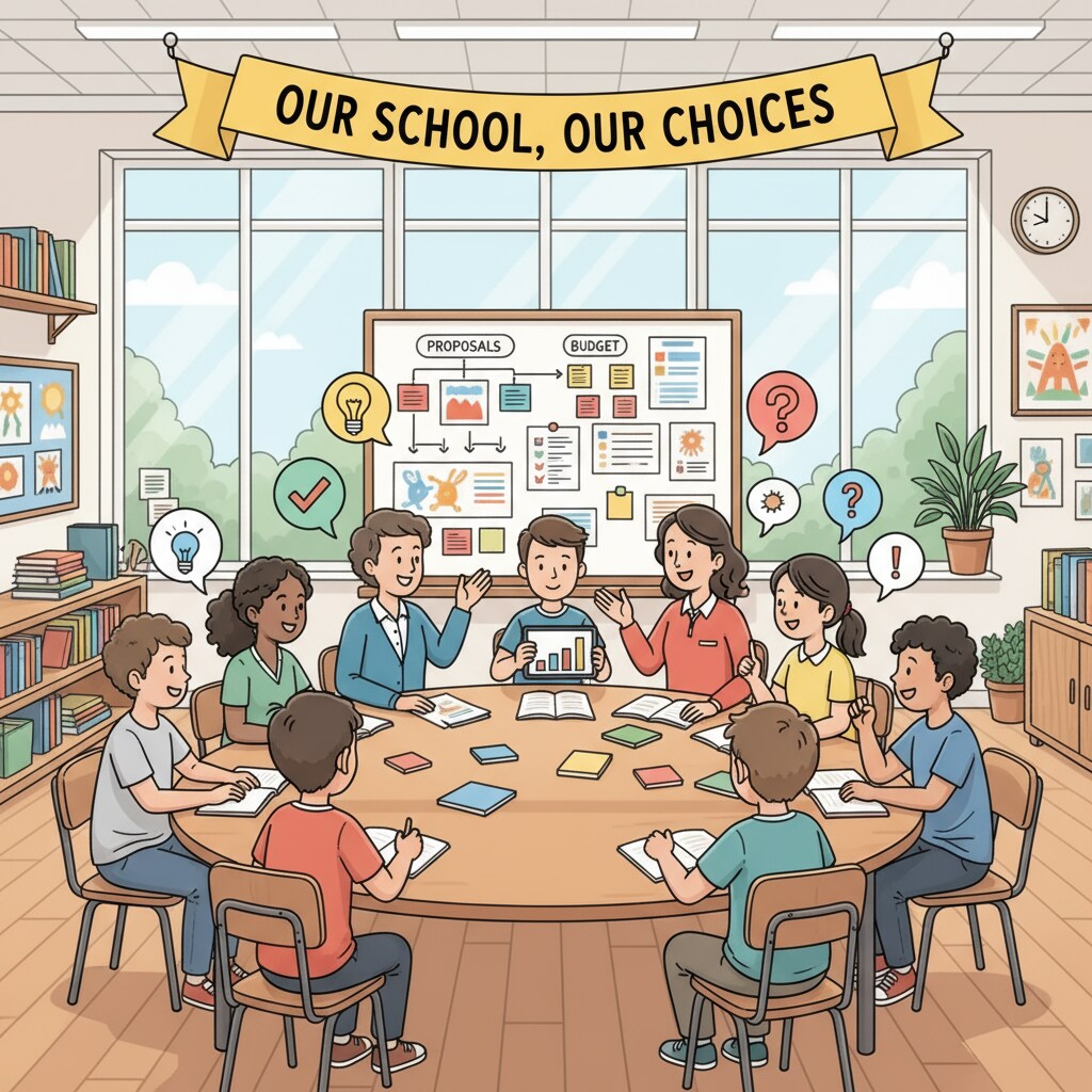 A collaborative scene in a democratic school where students and teachers are engaged in decision-making discussions. Democratic school environment with students and teachers making decisions together related to unconventional school leadership
