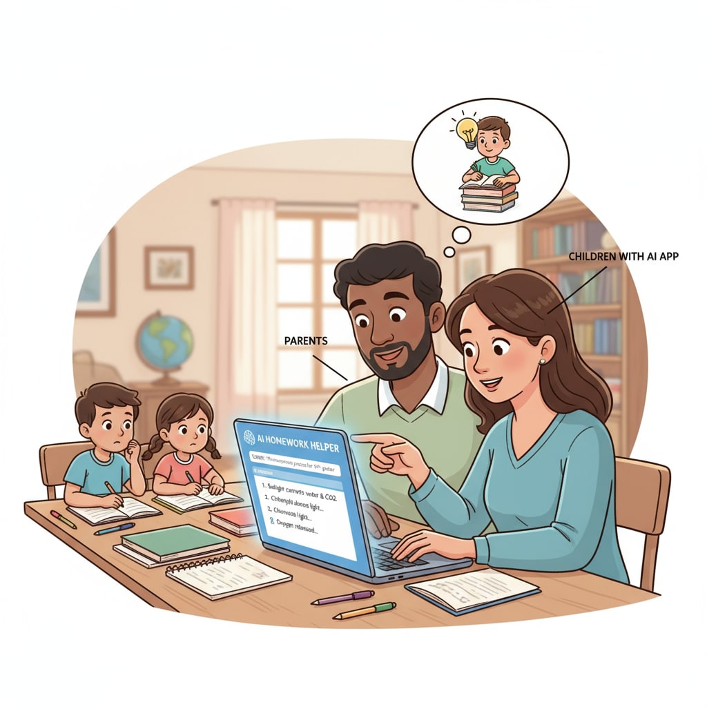 Parents using AI to assist children with homework, highlighting AI cheating and parental indulgence in relation to writing skills development.
