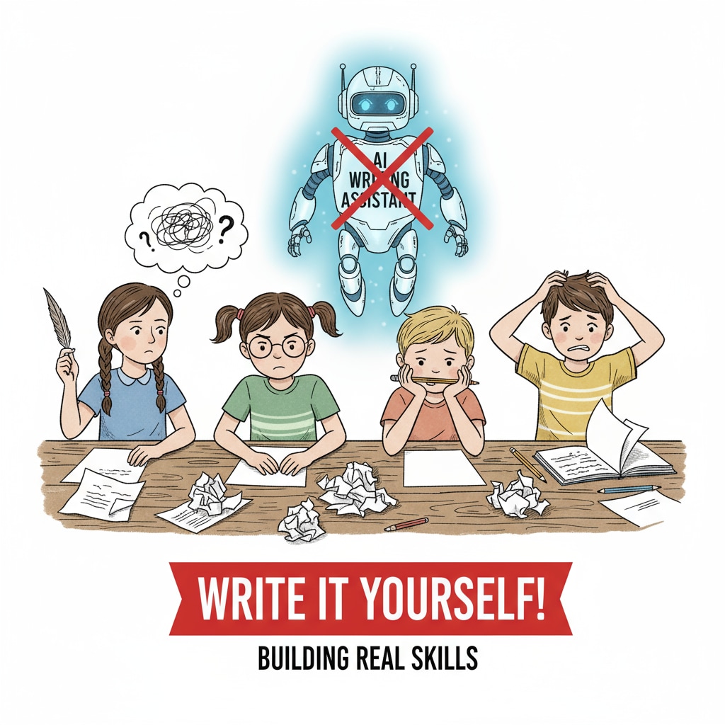 Children struggling to write without AI help, related to the negative impact of AI cheating and parental indulgence on writing skills.
