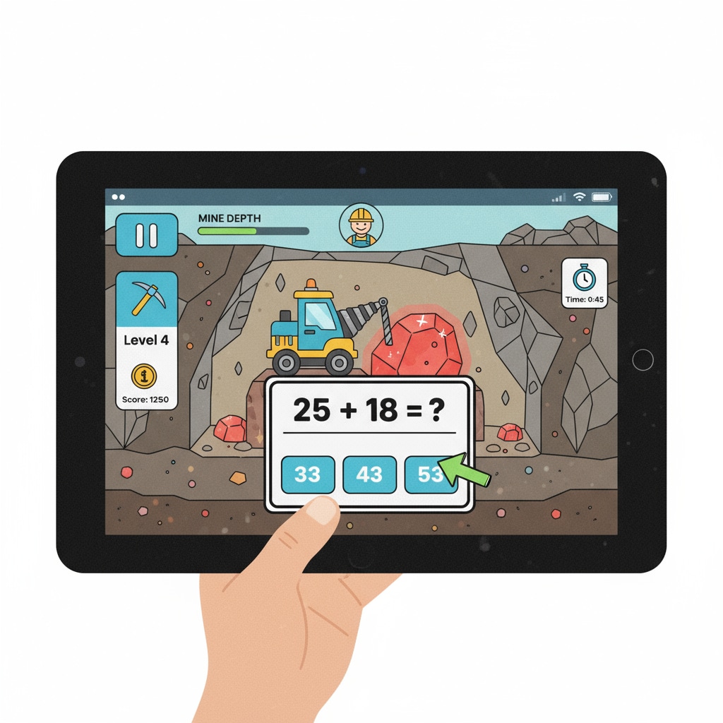 Digital miner game prototype with math problems in a mining environment